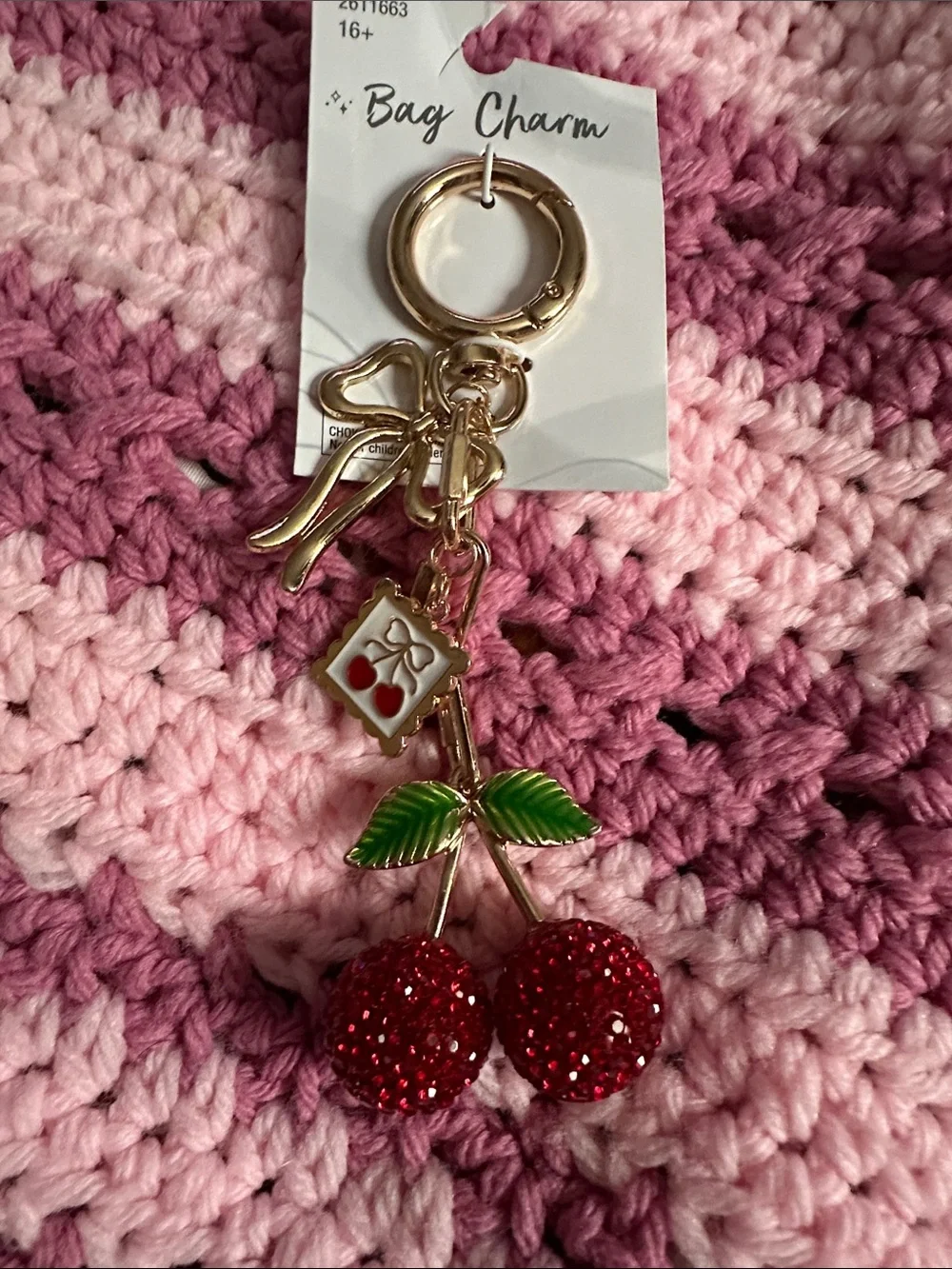 Gold Cherry Bag Charm with Red Crystal Cherries